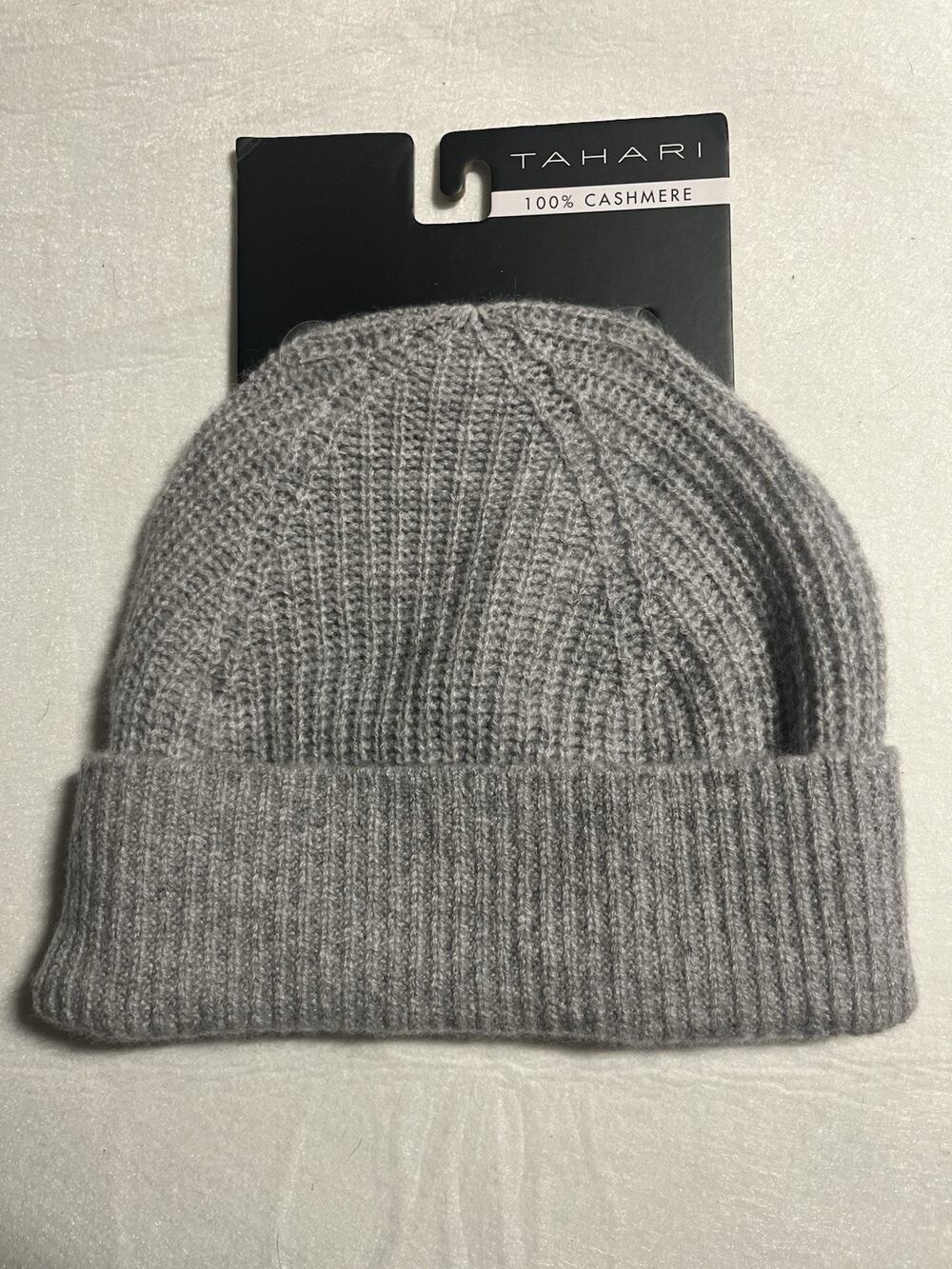 Tahari 100% Cashmere Gray Ribbed Cuff Beanie Hat New with Tags